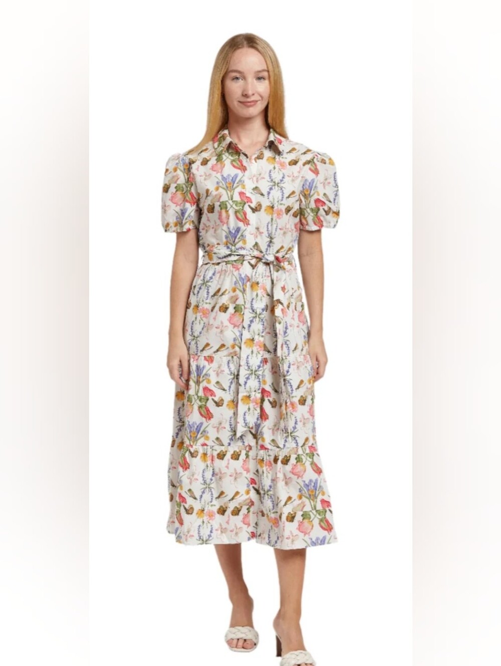 Floral Puff-Sleeve Maxi Shirt Dress in Ivory
